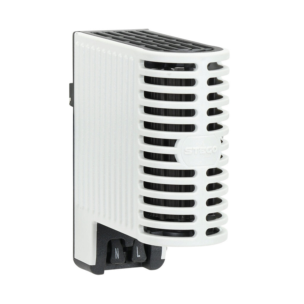 Stego enclosure heater, 30W heating capacity, touch-safe PTC resistor heating element, 120-240 VAC/VDC operating voltage, 50/60 Hz, 35mm DIN rail or panel mount.-06402.0-00