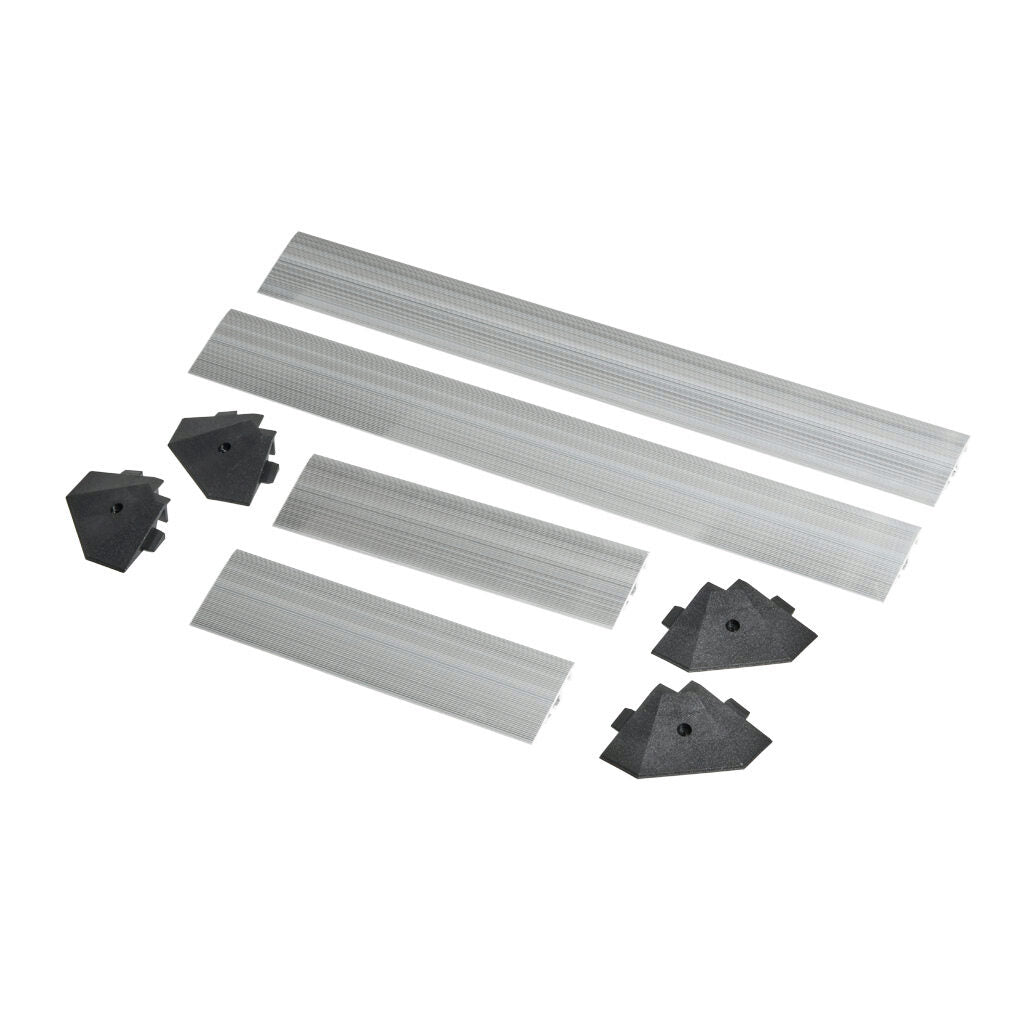 ASO Safety Solutions contact mat trim kit, aluminum. For use with 12 x 24in safety mats. Includes (4) trim corners and (4) mat trim pieces.-2010-0121