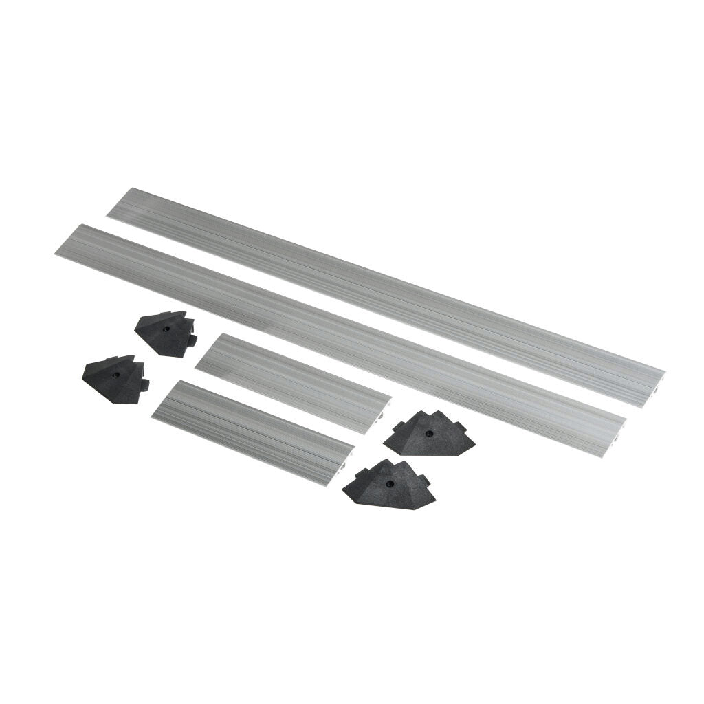 ASO Safety Solutions contact mat trim kit, aluminum. For use with 12 x 36in safety mats. Includes (4) trim corners and (4) mat trim pieces.-2010-0122