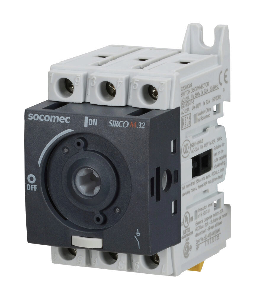 Socomec SIRCO M series rotary disconnect switch, load break capable, 3-pole, 600 VAC, 32A, 65kA SCCR, DIN rail or panel mount, UL 508 rated, front or side operated, accepts 5 x 5mm size shaft.-22003003