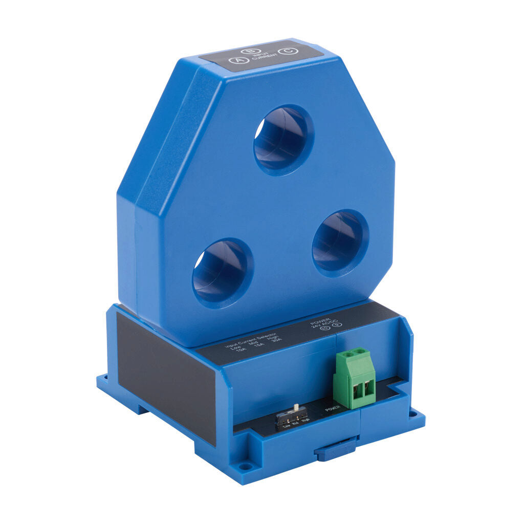 AcuAMP AC current transducer, 3-phase, fixed core, 0-10, 0-15, or 0-30A selectable sensing range, 4-20 mA output.-3ACT030-42-24-F