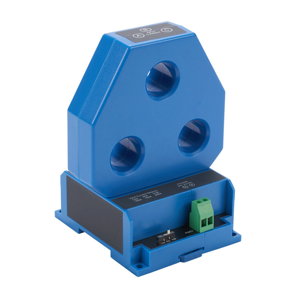 AcuAMP AC current transducer, 3-phase, fixed core, 0-100, 0-150, or 0-200A selectable sensing range, 4-20 mA output.-3ACT200-42-24-F
