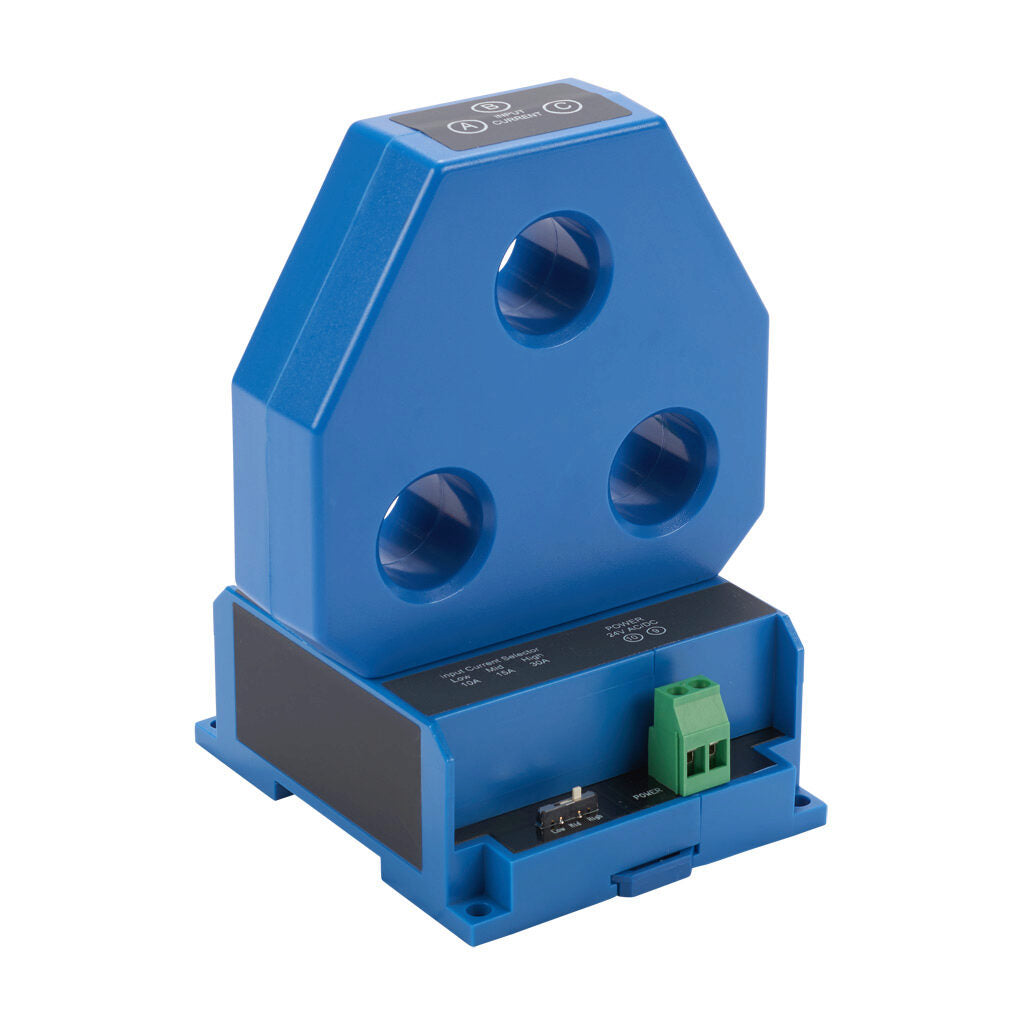AcuAMP AC current transducer, 3-phase, fixed core, 0-10, 0-15, or 0-30A selectable sensing range, True RMS, 4-20 mA output.-3ACTR030-42-24-F