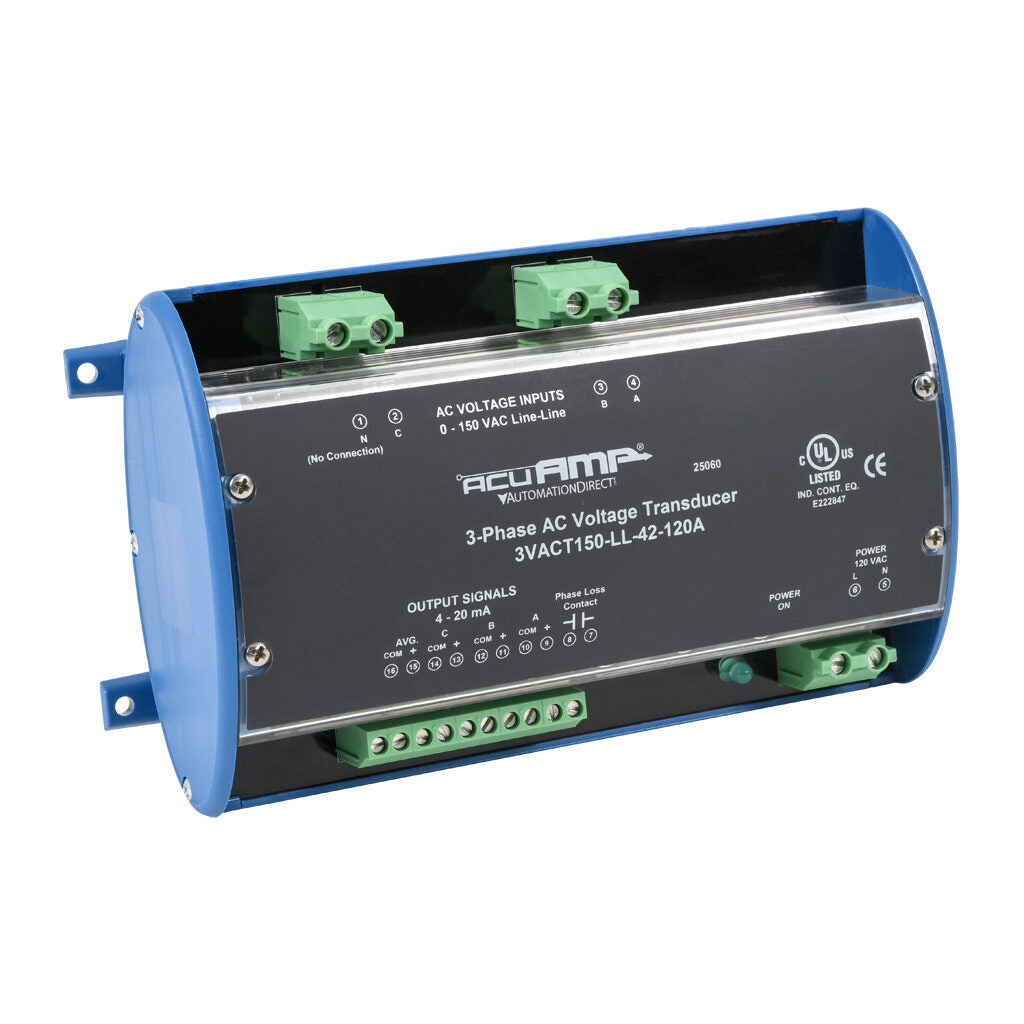AcuAMP AC voltage transducer, 3-phase, 0-150 VAC line-to-line sensing range, True RMS, (4) 4-20 mA and (1) relay, SPST-N.O. output, 0.5A @ 125 VAC, 1A @ 30 VDC output rating, phase loss @ 90 VAC non-adjustable trip point, 120 VAC operating voltage.-3VACT150-LL-42-120A