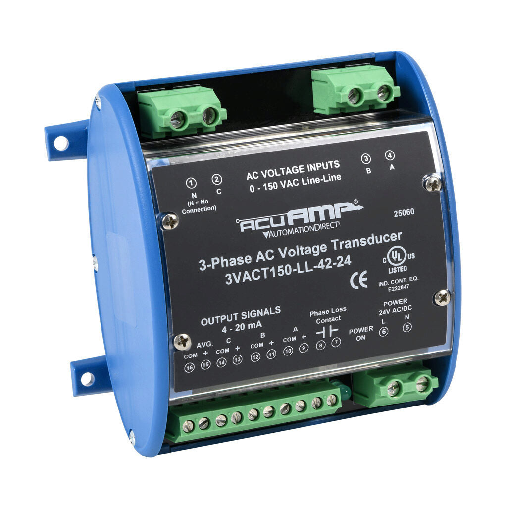 AcuAMP AC voltage transducer, 3-phase, 0-150 VAC line-to-line sensing range, True RMS, (4) 4-20 mA and (1) relay, SPST-N.O. output, 0.5A @ 125 VAC, 1A @ 30 VDC output rating, phase loss @ 90 VAC non-adjustable trip point, 24 VAC/VDC operating voltage.-3VACT150-LL-42-24