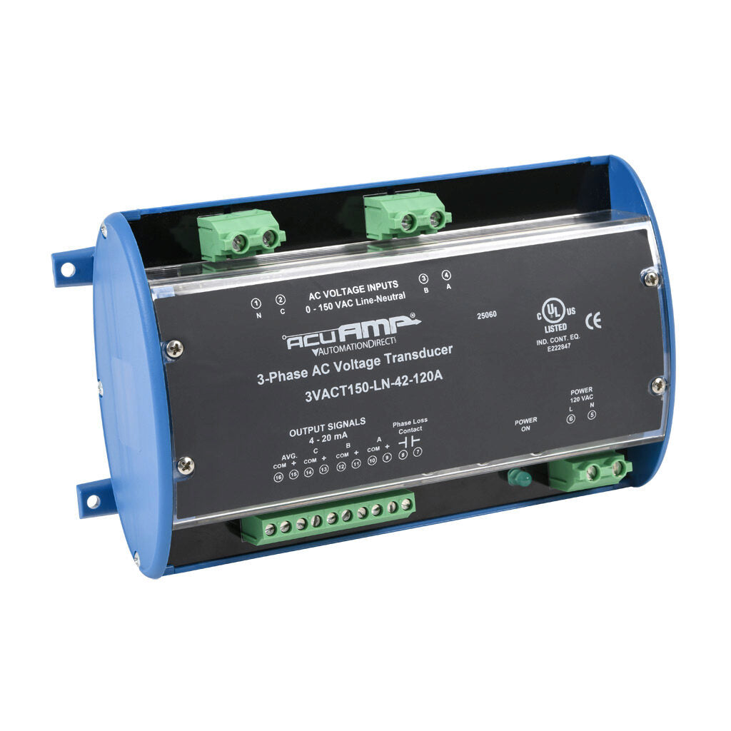 AcuAMP AC voltage transducer, 3-phase, 0-150 VAC line-to-neutral sensing range, True RMS, (4) 4-20 mA and (1) relay, SPST-N.O. output, 0.5A @ 125 VAC, 1A @ 30 VDC output rating, phase loss @ 90 VAC non-adjustable trip point, 120 VAC operating voltage.-3VACT150-LN-42-120A