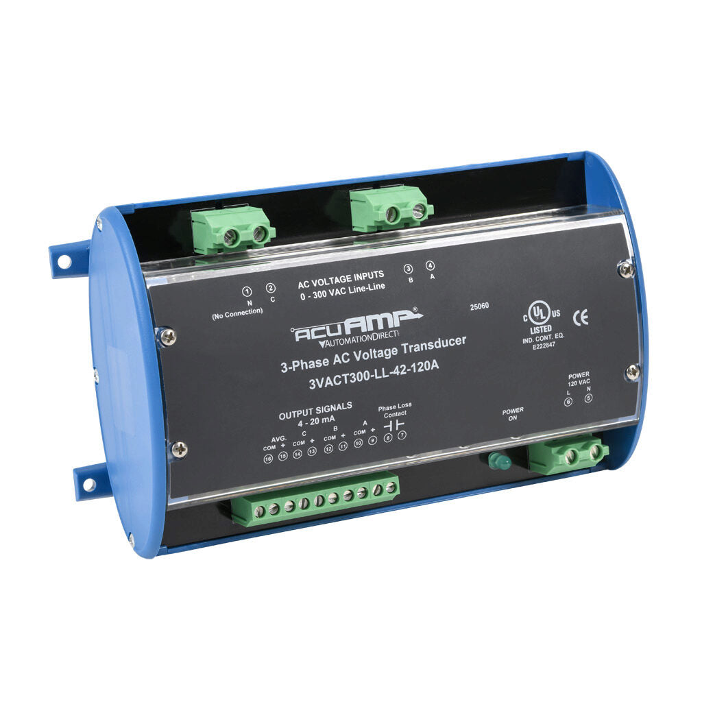 AcuAMP AC voltage transducer, 3-phase, 0-300 VAC line-to-line sensing range, True RMS, (4) 4-20 mA and (1) relay, SPST-N.O. output, 0.5A @ 125 VAC, 1A @ 30 VDC output rating, phase loss @ 180 VAC non-adjustable trip point, 120 VAC operating voltage.-3VACT300-LL-42-120A