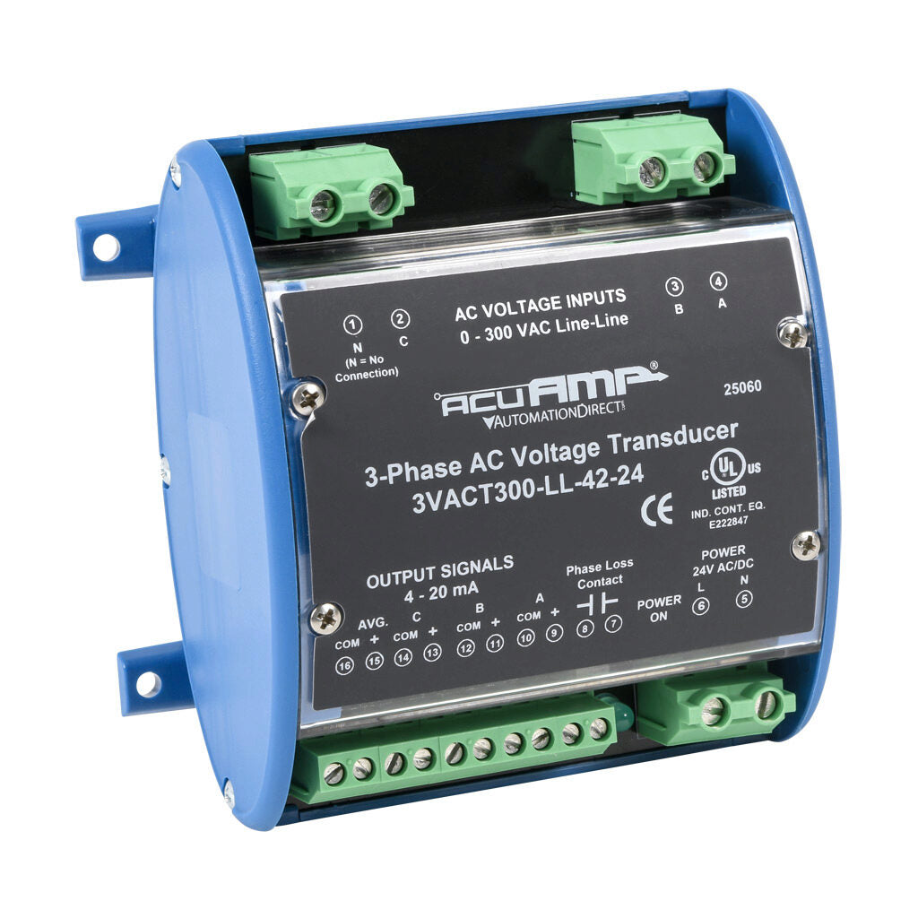 AcuAMP AC voltage transducer, 3-phase, 0-300 VAC line-to-line sensing range, True RMS, (4) 4-20 mA and (1) relay, SPST-N.O. output, 0.5A @ 125 VAC, 1A @ 30 VDC output rating, phase loss @ 180 VAC non-adjustable trip point, 24 VAC/VDC operating voltage.-3VACT300-LL-42-24