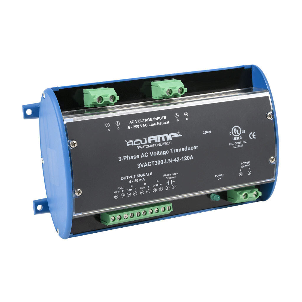 AcuAMP AC voltage transducer, 3-phase, 0-300 VAC line-to-neutral sensing range, True RMS, (4) 4-20 mA and (1) relay, SPST-N.O. output, 0.5A @ 125 VAC, 1A @ 30 VDC output rating, phase loss @ 180 VAC non-adjustable trip point, 120 VAC operating voltage.-3VACT300-LN-42-120A
