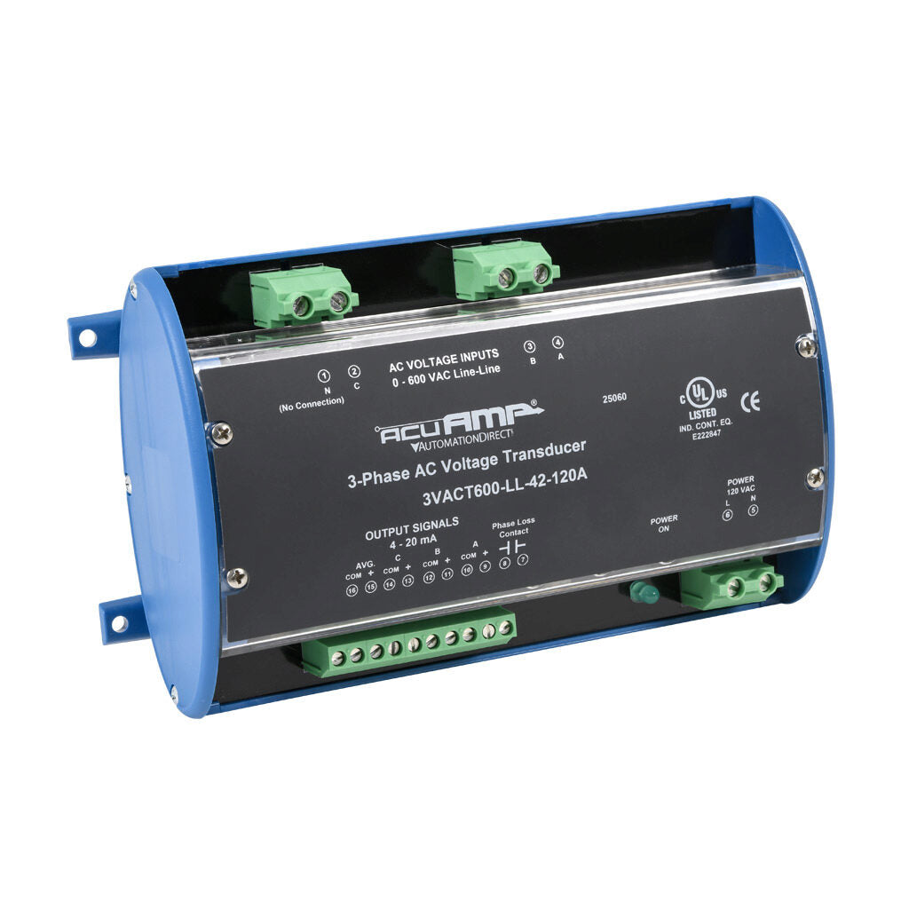 AcuAMP AC voltage transducer, 3-phase, 0-600 VAC line-to-line sensing range, True RMS, (4) 4-20 mA and (1) relay, SPST-N.O. output, 0.5A @ 125 VAC, 1A @ 30 VDC output rating, phase loss @ 360 VAC non-adjustable trip point, 120 VAC operating voltage.-3VACT600-LL-42-120A