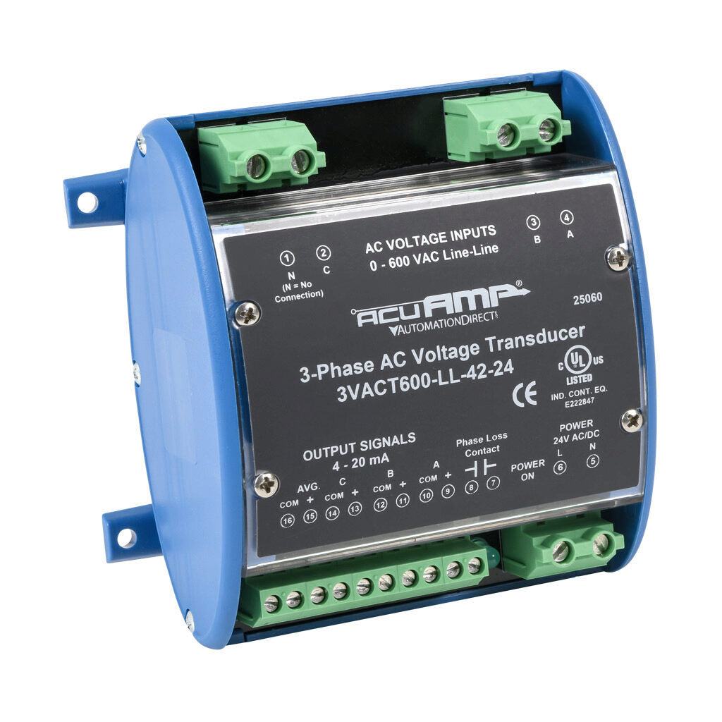 AcuAMP AC voltage transducer, 3-phase, 0-600 VAC line-to-line sensing range, True RMS, (4) 4-20 mA and (1) relay, SPST-N.O. output, 0.5A @ 125 VAC, 1A @ 30 VDC output rating, phase loss @ 360 VAC non-adjustable trip point, 24 VAC/VDC operating voltage.-3VACT600-LL-42-24