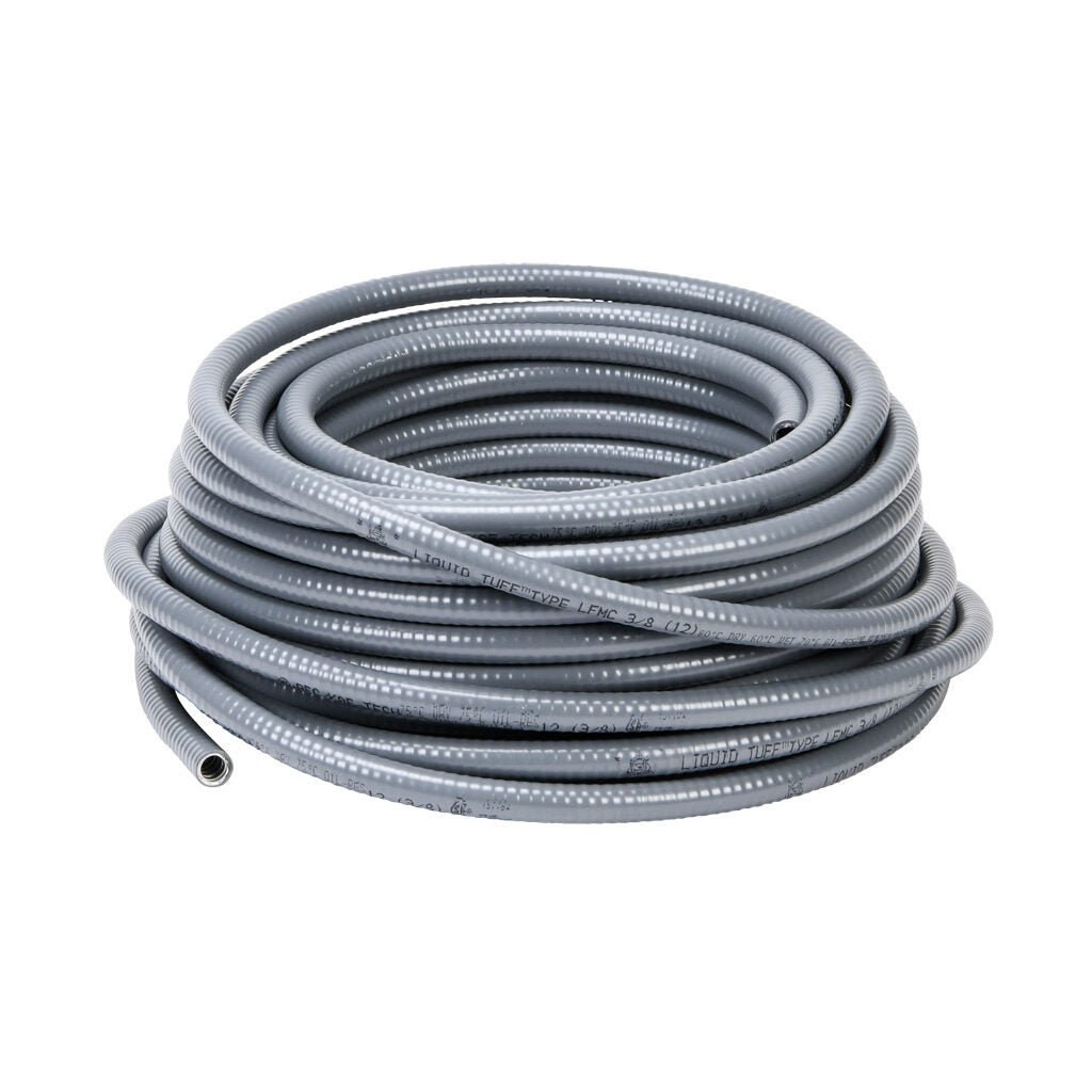Atkore Liquid-Tuff 6200 liquid-tight flexible metallic conduit, galvanized low carbon steel, PVC jacket, 3/8in trade size, gray, UL-360 Listed, 100ft/30.4m coil length.-6201-30-00