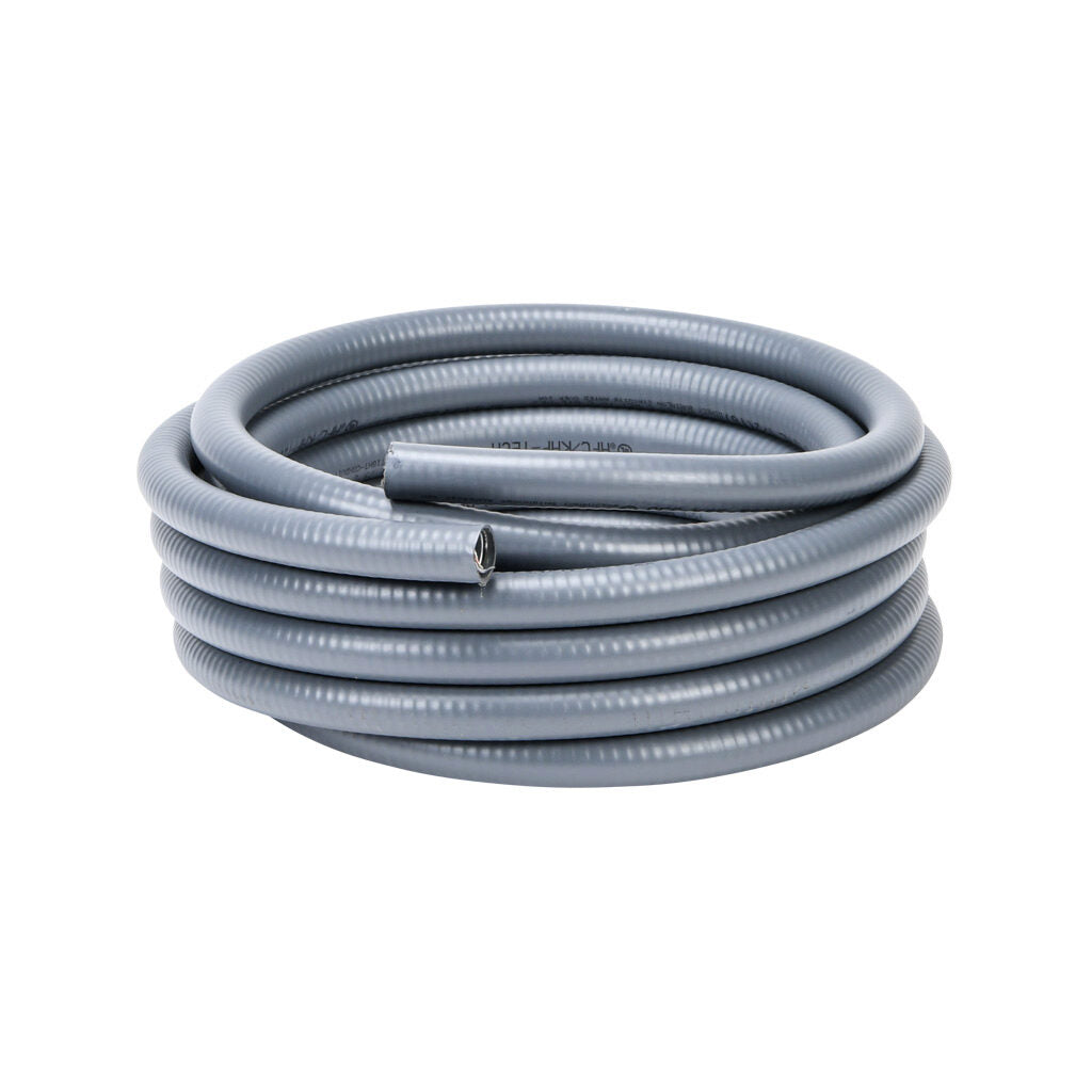 Atkore Liquid-Tuff 6200 liquid-tight flexible metallic conduit, galvanized low carbon steel, PVC jacket, 1/2in trade size, gray, UL-360 Listed, 25ft/7.6m coil length.-6202-22-00