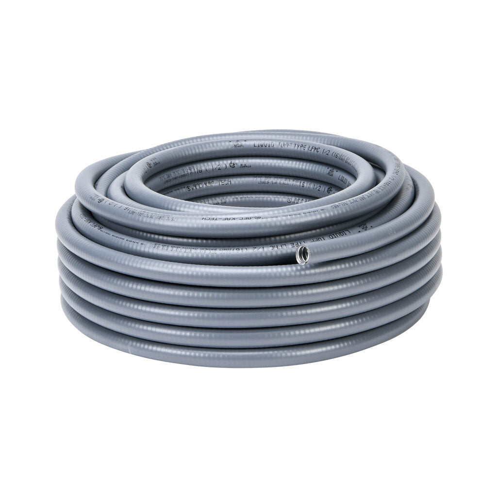Atkore Liquid-Tuff 6200 liquid-tight flexible metallic conduit, galvanized low carbon steel, PVC jacket, 1/2in trade size, gray, UL-360 Listed, 100ft/30.4m coil length.-6202-30-00