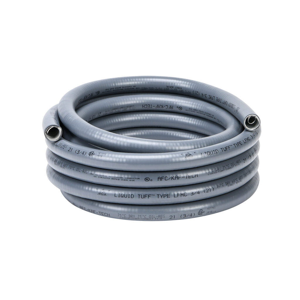 Atkore Liquid-Tuff 6200 liquid-tight flexible metallic conduit, galvanized low carbon steel, PVC jacket, 3/4in trade size, gray, UL-360 Listed, 25ft/7.6m coil length.-6203-22-00