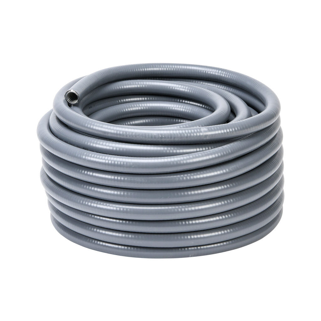 Atkore Liquid-Tuff 6200 liquid-tight flexible metallic conduit, galvanized low carbon steel, PVC jacket, 3/4in trade size, gray, UL-360 Listed, 100ft/30.4m coil length.-6203-30-00