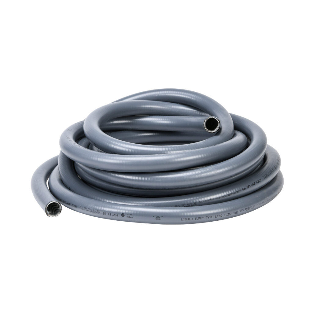 Atkore Liquid-Tuff 6200 liquid-tight flexible metallic conduit, galvanized low carbon steel, PVC jacket, 1-1/4in trade size, gray, UL-360 Listed, 50ft/15.2m coil length.-6205-24-00