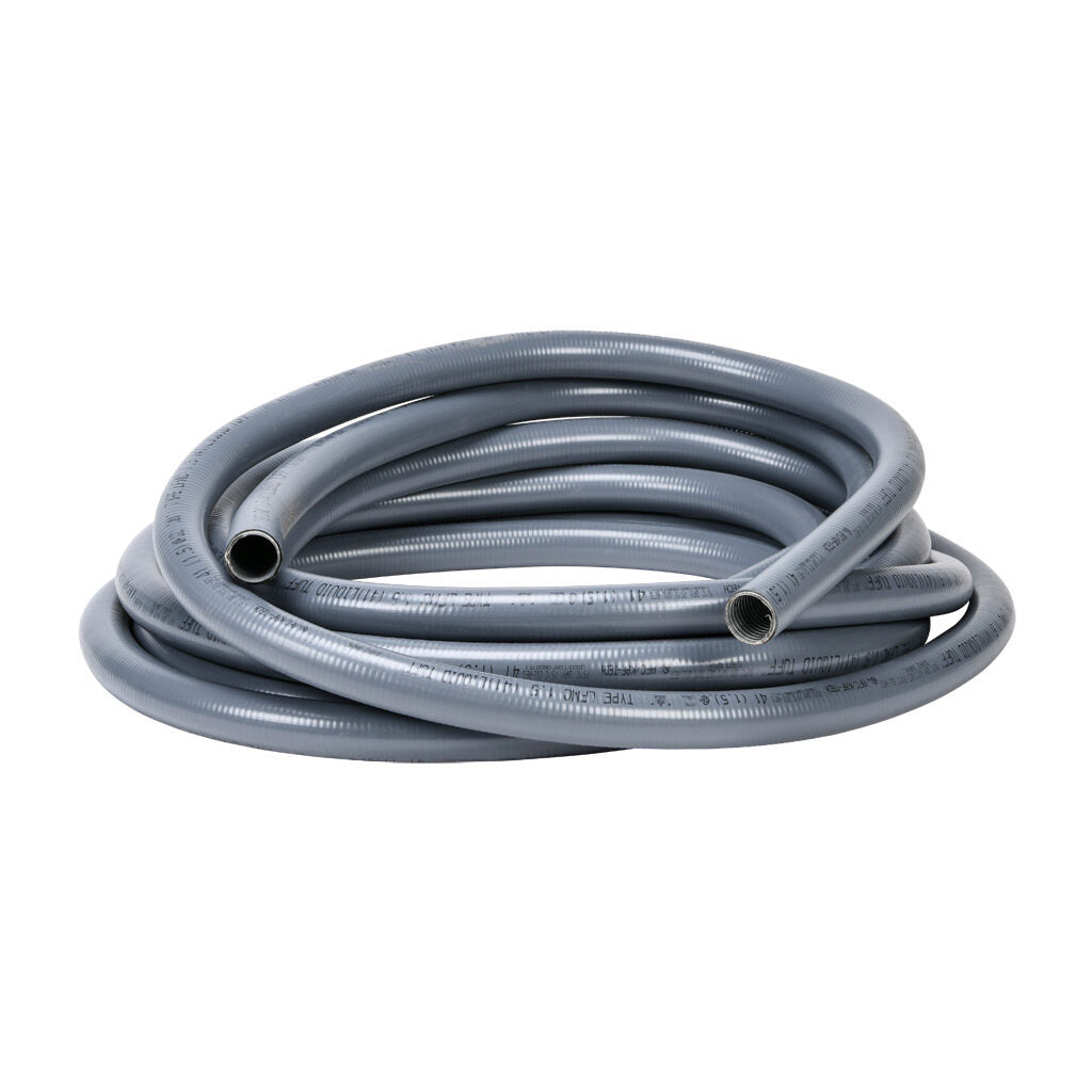 Atkore Liquid-Tuff 6200 liquid-tight flexible metallic conduit, galvanized low carbon steel, PVC jacket, 1-1/2in trade size, gray, UL-360 Listed, 50ft/15.2m coil length.-6206-24-00