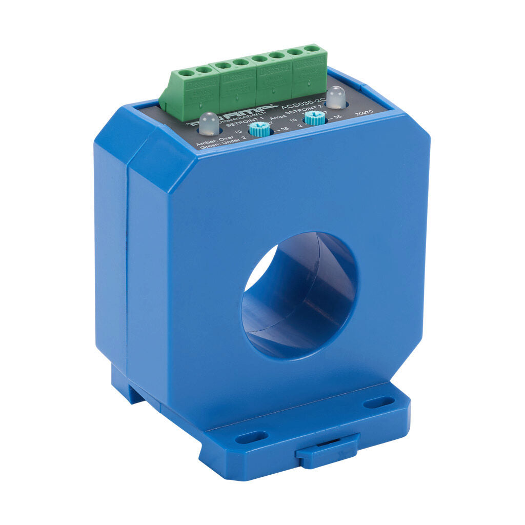 AcuAMP AC current switch, fixed core, 2-35A sensing range, (2) 2-35A adjustable trip point, (2) single-turn potentiometers, (2) SPDT relays output, 1A @ 120 VAC, 2A @ 30 VDC output rating.-ACS035-2C-24-F