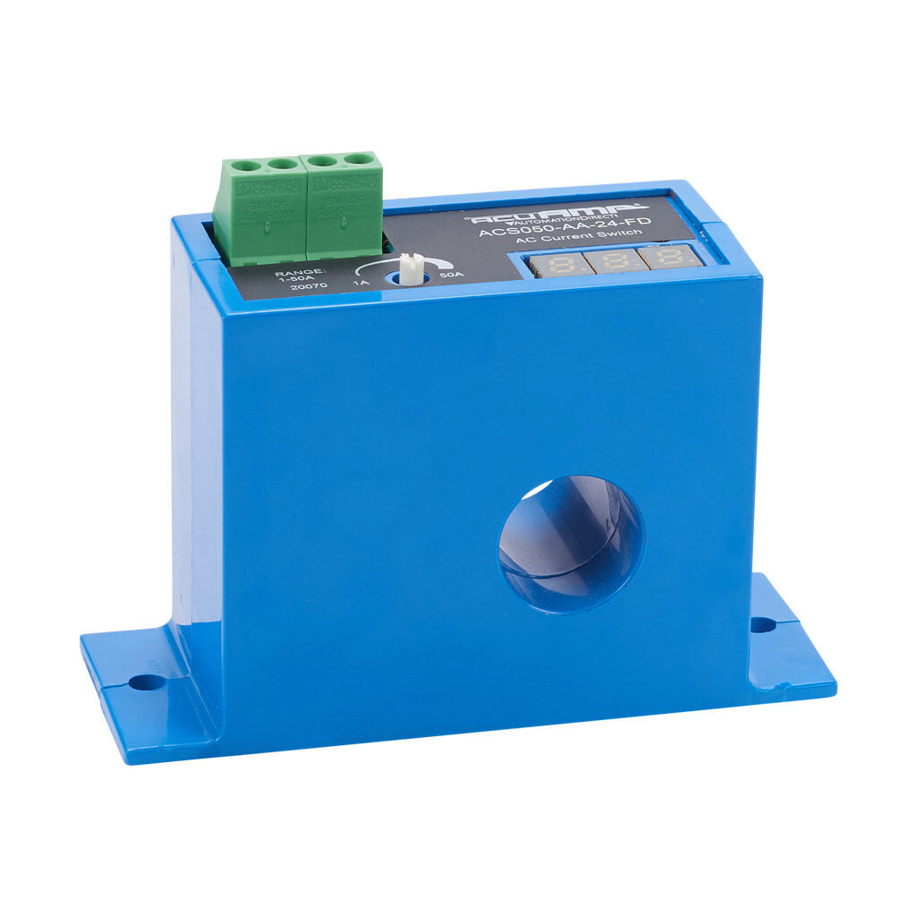AcuAMP AC current switch, fixed core, 1-50A sensing range, 1-50A adjustable trip point, single-turn potentiometer with trip point display, solid state switch, N.O. output, 1A @ 240 VAC output rating.-ACS050-AA-24-FD