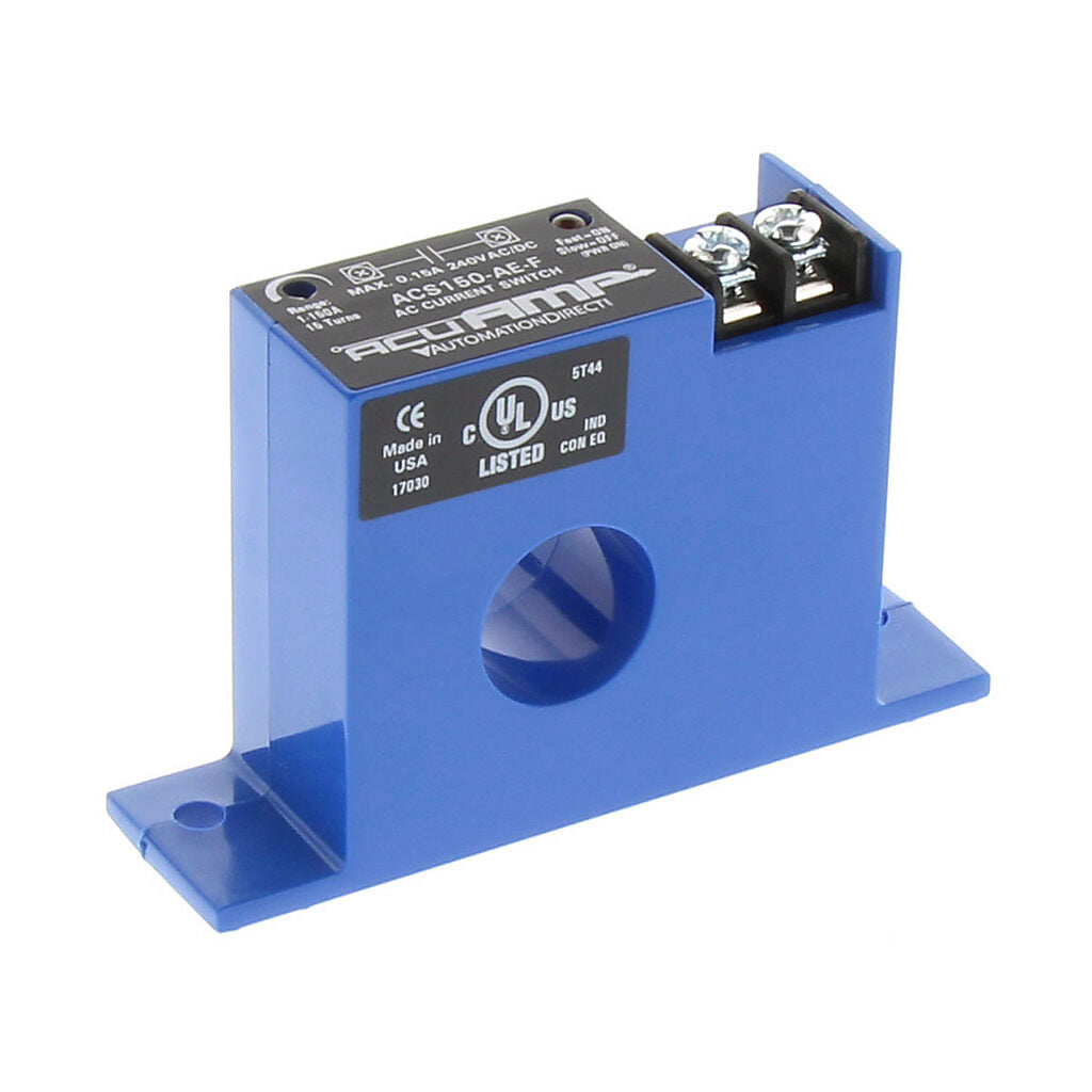 AcuAMP AC current switch, fixed core, 1-150A sensing range, 1-150A adjustable trip point, 15-turn potentiometer, solid state switch, N.O. output, 0.15A @ 240 VAC/VDC output rating.-ACS150-AE-F
