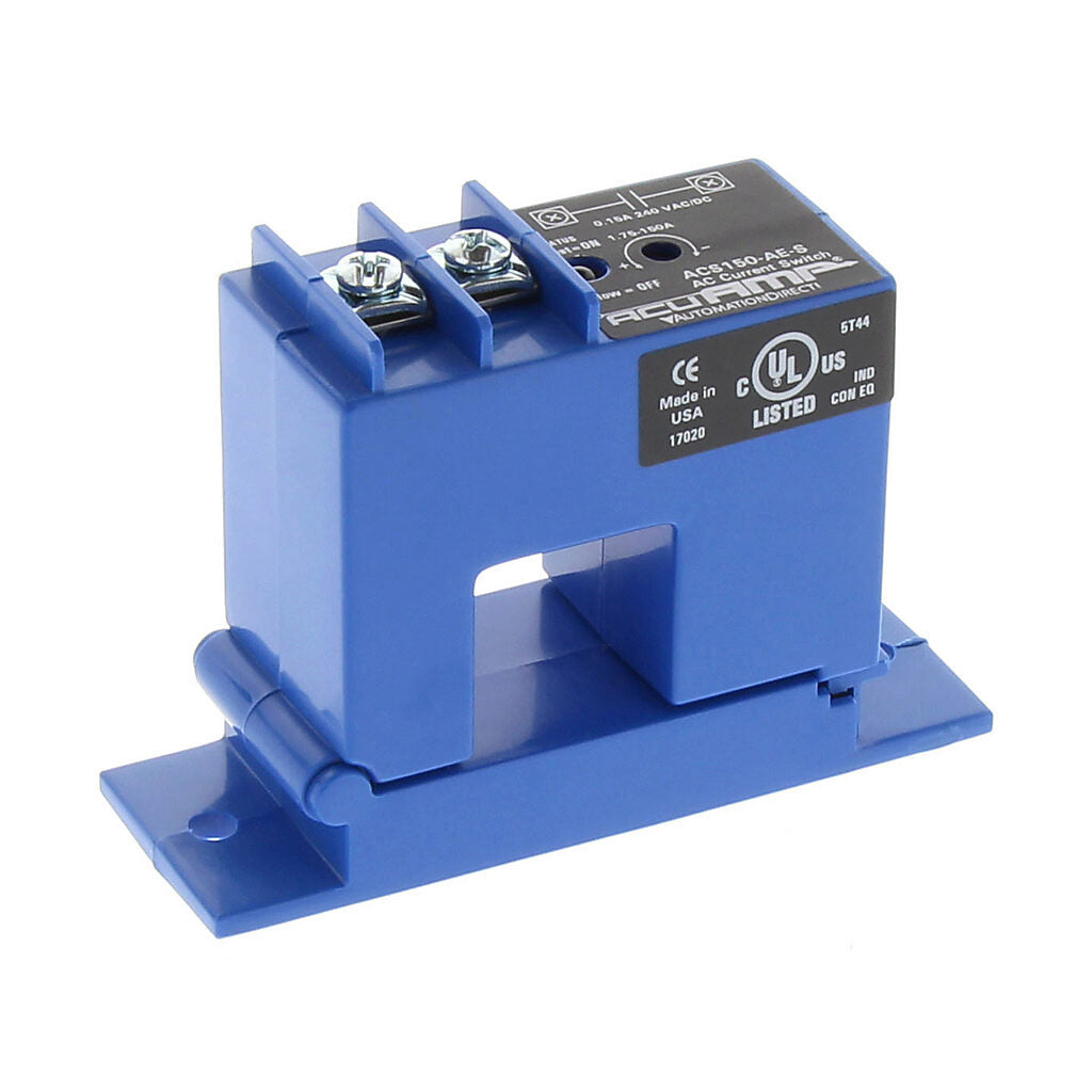 AcuAMP AC current switch, split core, 1.75-150A sensing range, 1.75-150A adjustable trip point, 4-turn potentiometer, solid state switch, N.O. output, 0.15A @ 240 VAC/VDC output rating.-ACS150-AE-S