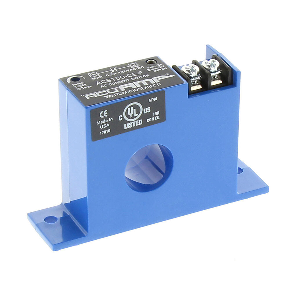 AcuAMP AC current switch, fixed core, 1-150A sensing range, 1-150A adjustable trip point, 15-turn potentiometer, solid state switch, N.C. output, 0.2A @ 135 VAC/VDC output rating.-ACS150-CE-F