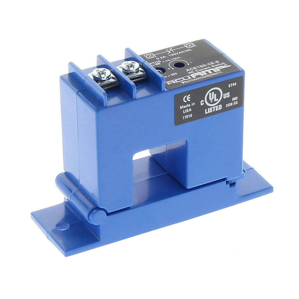 AcuAMP AC current switch, split core, 1.75-150A sensing range, 1.75-150A adjustable trip point, 4-turn potentiometer, solid state switch, N.C. output, 0.2A @ 135 VAC/VDC output rating.-ACS150-CE-S