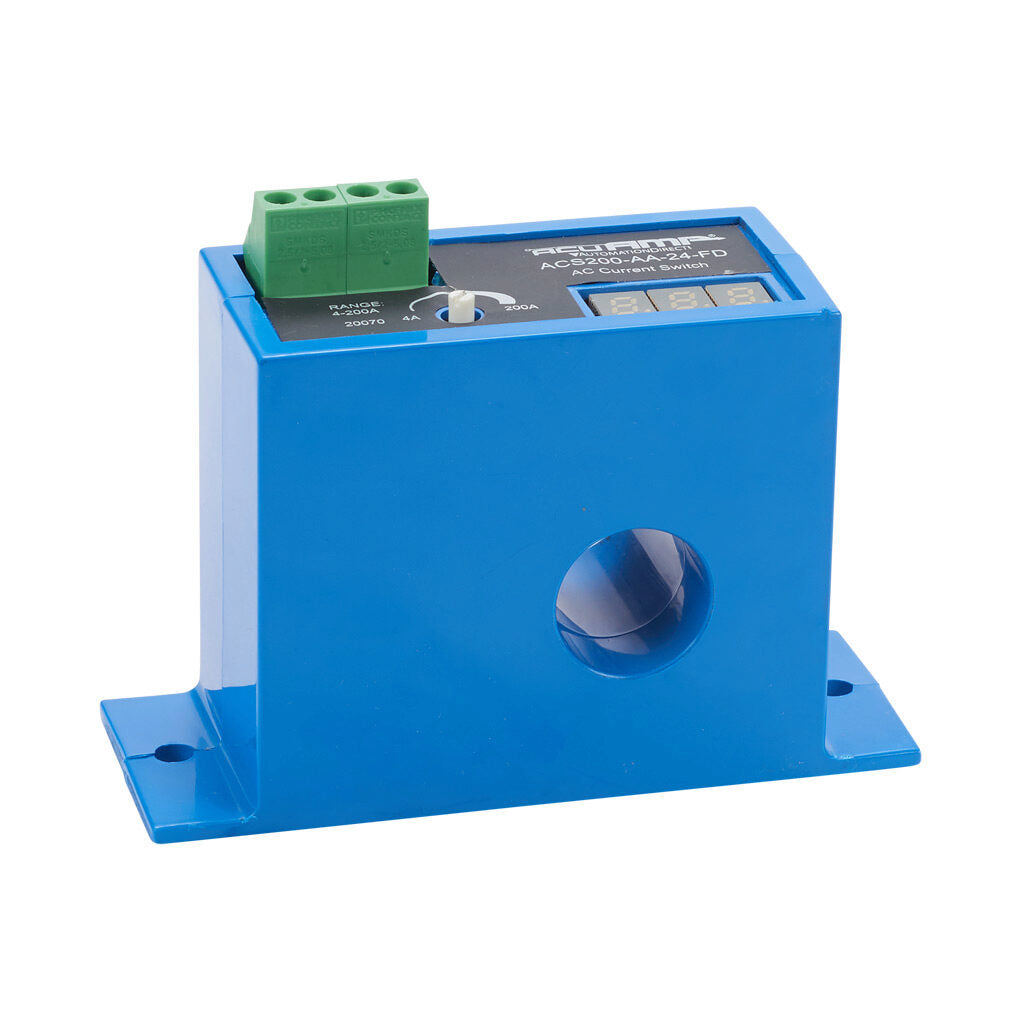 AcuAMP AC current switch, fixed core, 4-200A sensing range, 4-200A adjustable trip point, single-turn potentiometer with trip point display, solid state switch, N.O. output, 1A @ 240 VAC output rating.-ACS200-AA-24-FD
