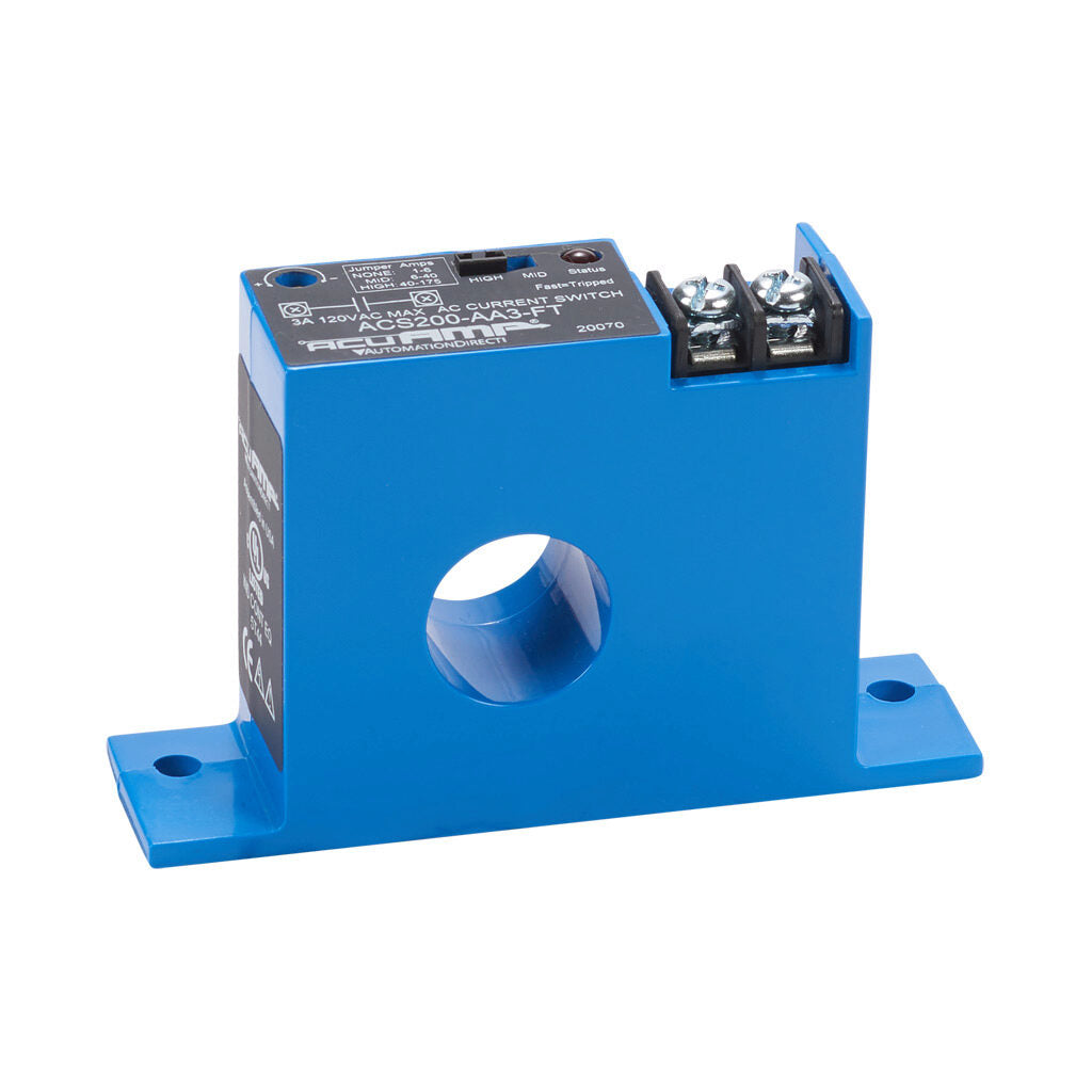 AcuAMP AC current switch, fixed core, 1-6, 6-40, or 40-175A selectable sensing range, 1-175A adjustable trip point, 15-turn potentiometer, solid state switch, N.O. output, 3A @ 120 VAC output rating.-ACS200-AA3-FT
