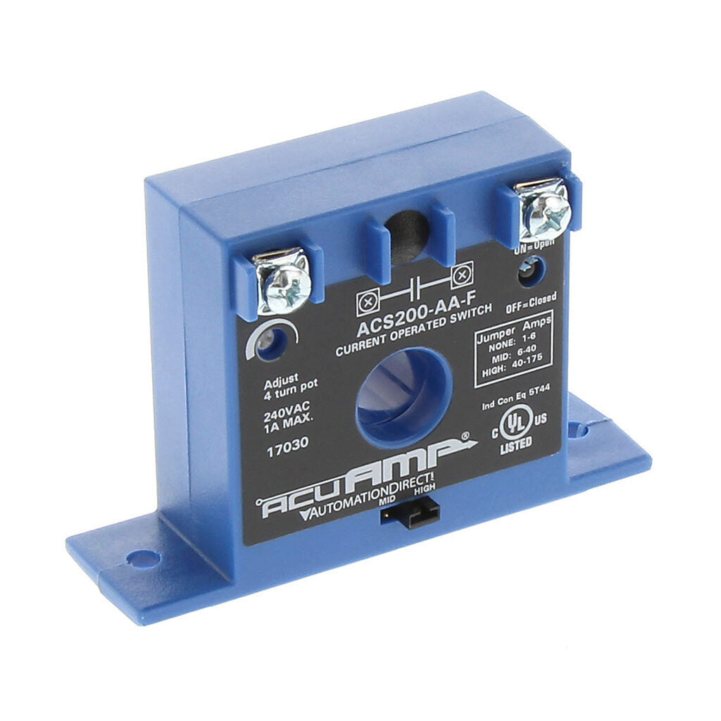 AcuAMP AC current switch, fixed core, 1-6, 6-40, or 40-175A selectable sensing range, 1-175A adjustable trip point, 4-turn potentiometer, solid state switch, N.O. output, 1A @ 240 VAC output rating.-ACS200-AA-F
