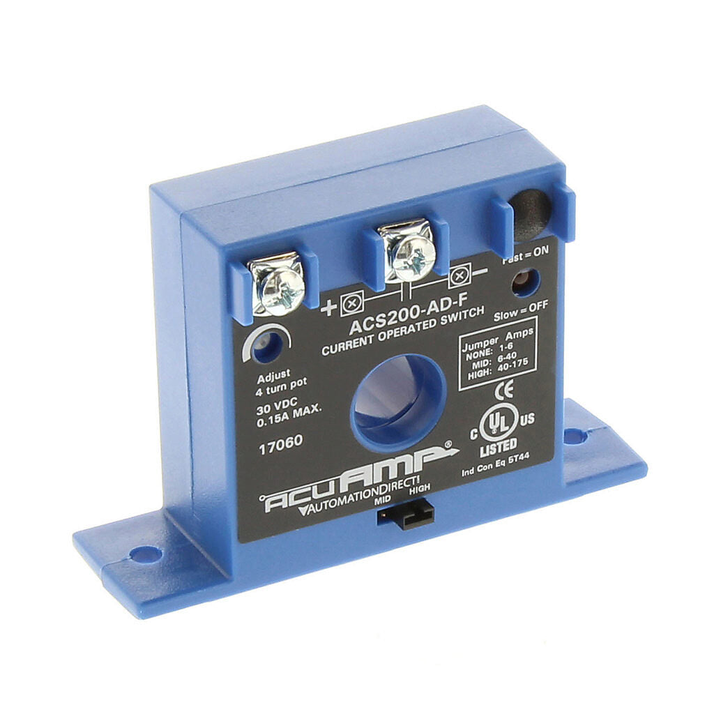 AcuAMP AC current switch, fixed core, 1-6, 6-40, or 40-175A selectable sensing range, 1-175A adjustable trip point, 4-turn potentiometer, solid state switch, N.O. output, 0.15A @ 30 VDC output rating.-ACS200-AD-F