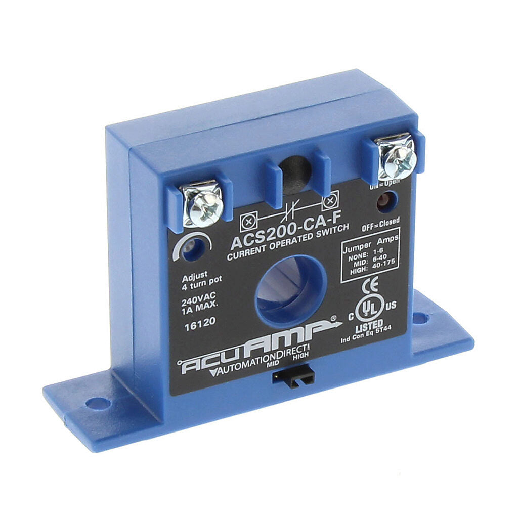 AcuAMP AC current switch, fixed core, 1-6, 6-40, or 40-175A selectable sensing range, 1-175A adjustable trip point, 4-turn potentiometer, solid state switch, N.C. output, 1A @ 240 VAC output rating.-ACS200-CA-F