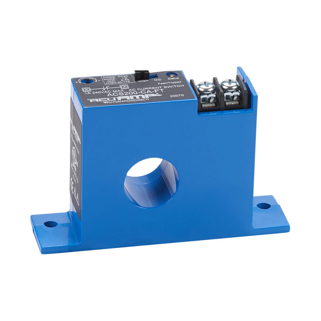 AcuAMP AC current switch, fixed core, 1-6, 6-40, or 40-175A selectable sensing range, 1-175A adjustable trip point, 15-turn potentiometer, solid state switch, N.C. output, 1A @ 240 VAC output rating.-ACS200-CA-FT