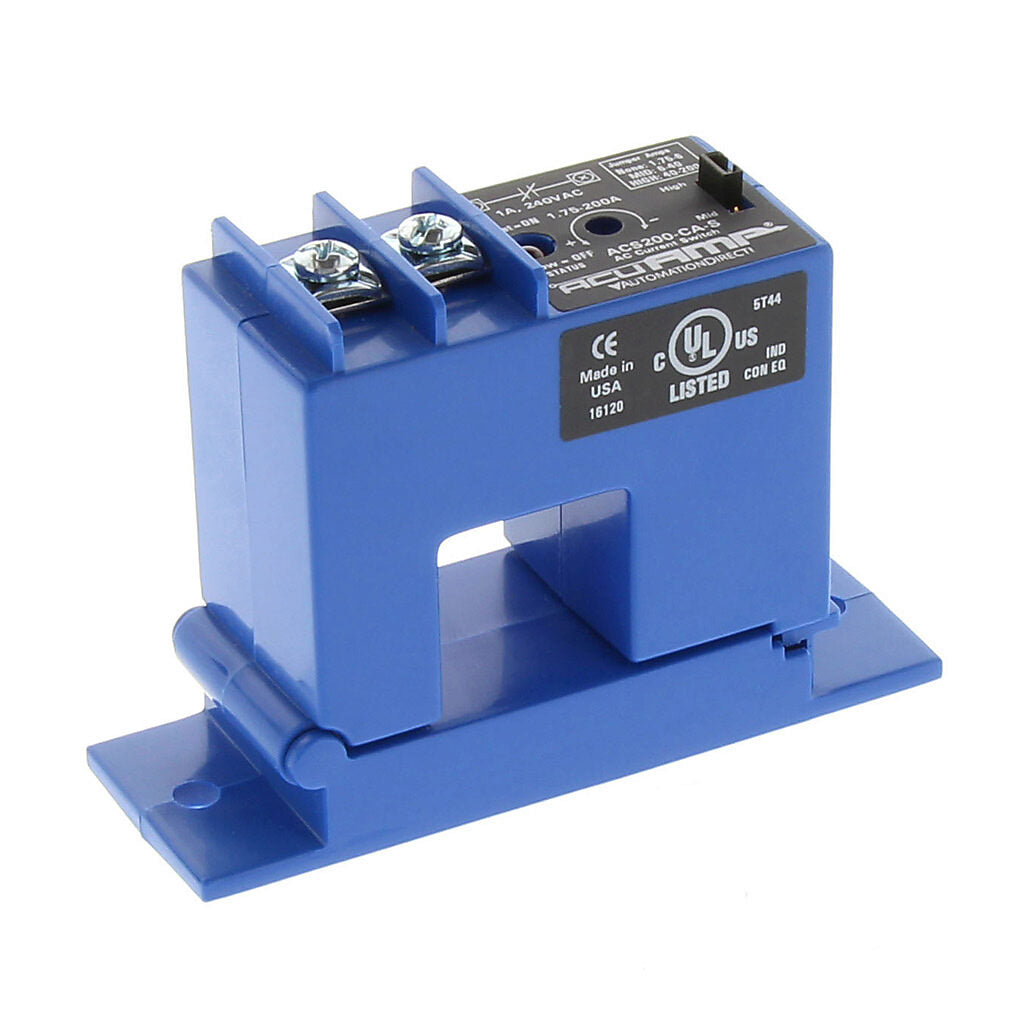 AcuAMP AC current switch, split core, 1.75-6, 6-40, or 40-200A selectable sensing range, 1.75-200A adjustable trip point, 4-turn potentiometer, solid state switch, N.C. output, 1A @ 240 VAC output rating.-ACS200-CA-S