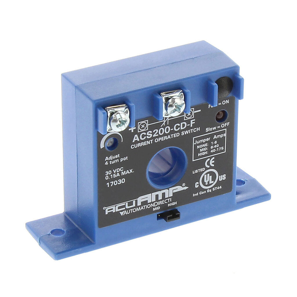 AcuAMP AC current switch, fixed core, 1-6, 6-40, or 40-175A selectable sensing range, 1-175A adjustable trip point, 4-turn potentiometer, solid state switch, N.C. output, 0.15A @ 30 VDC output rating.-ACS200-CD-F