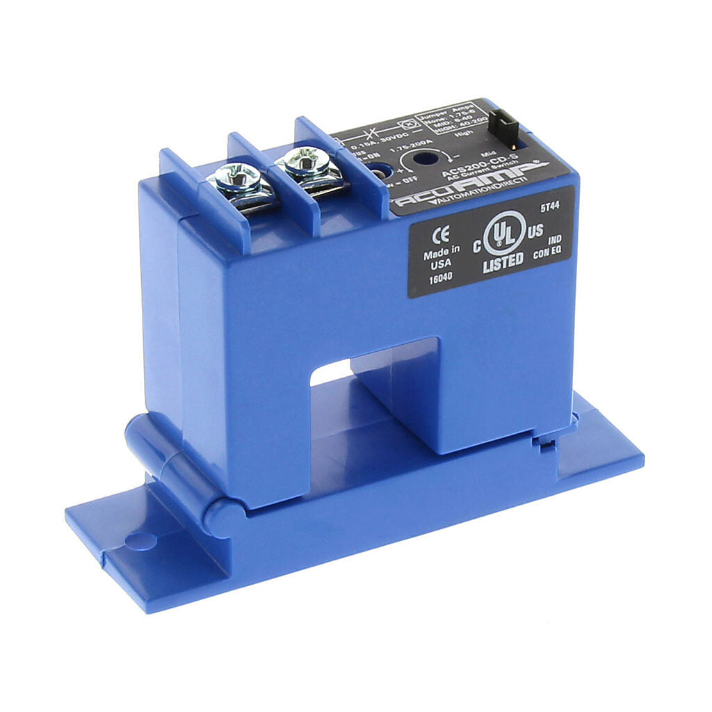 AcuAMP AC current switch, split core, 1.75-6, 6-40, or 40-200A selectable sensing range, 1.75-200A adjustable trip point, 4-turn potentiometer, solid state switch, N.C. output, 0.15A @ 30 VDC output rating.-ACS200-CD-S