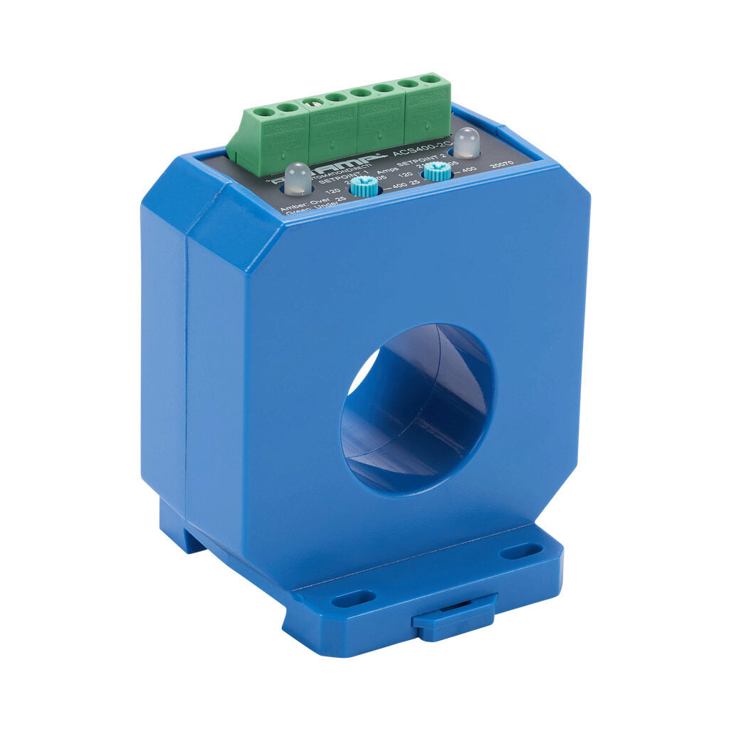 AcuAMP AC current switch, fixed core, 25-400A sensing range, (2) 25-400A adjustable trip point, (2) single-turn potentiometers, (2) SPDT relays output, 1A @ 120 VAC, 2A @ 30 VDC output rating.-ACS400-2C-24-F