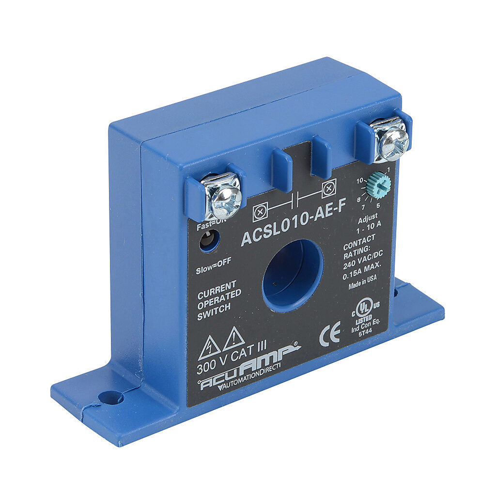 AcuAMP AC current switch, fixed core, 0-150A sensing range, 1-10A adjustable trip point, single-turn scaled potentiometer, solid state switch, N.O. output, 0.15A @ 240 VAC/VDC output rating.-ACSL010-AE-F