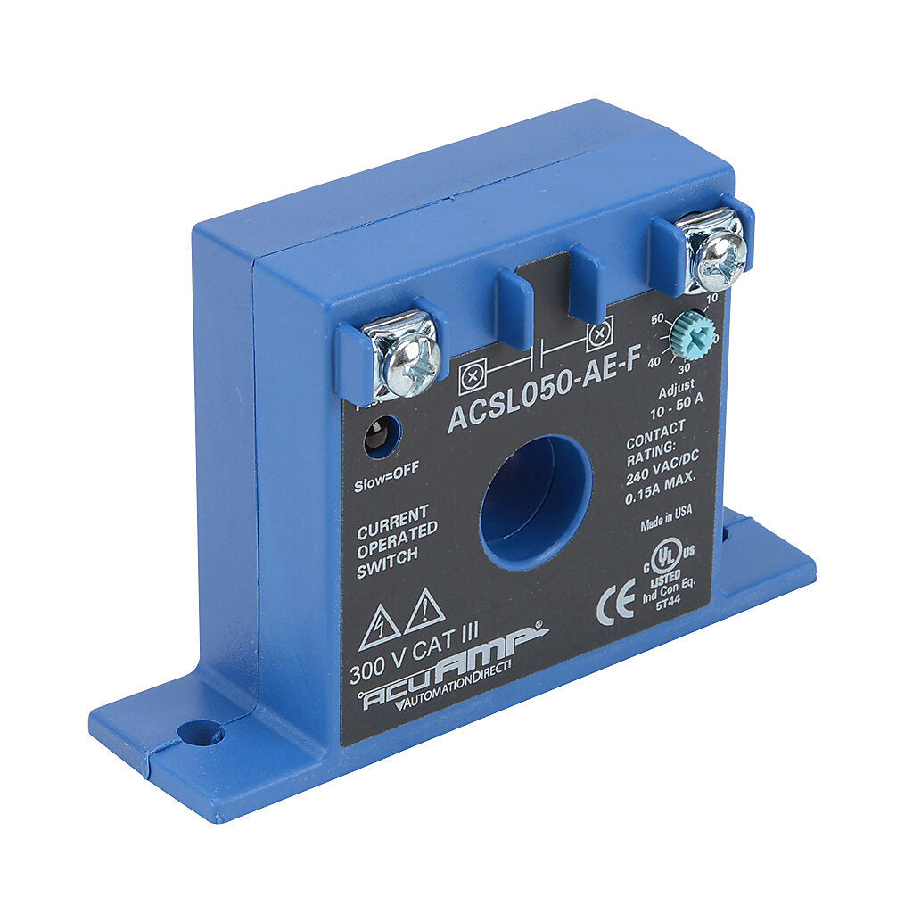 AcuAMP AC current switch, fixed core, 0-150A sensing range, 10-50A adjustable trip point, single-turn scaled potentiometer, solid state switch, N.O. output, 0.15A @ 240 VAC/VDC output rating.-ACSL050-AE-F