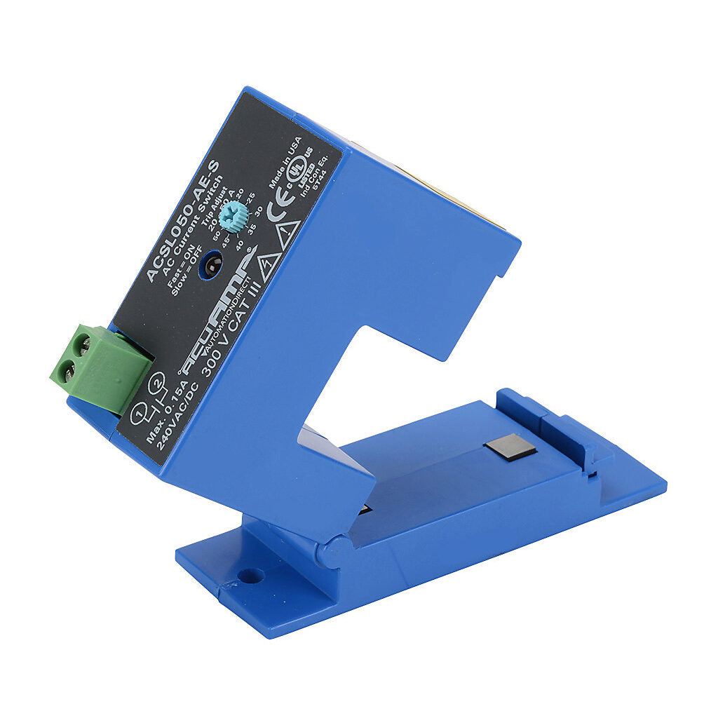 AcuAMP AC current switch, split core, 0-150A sensing range, 20-50A adjustable trip point, single-turn scaled potentiometer, solid state switch, N.O. output, 0.15A @ 240 VAC/VDC output rating.-ACSL050-AE-S
