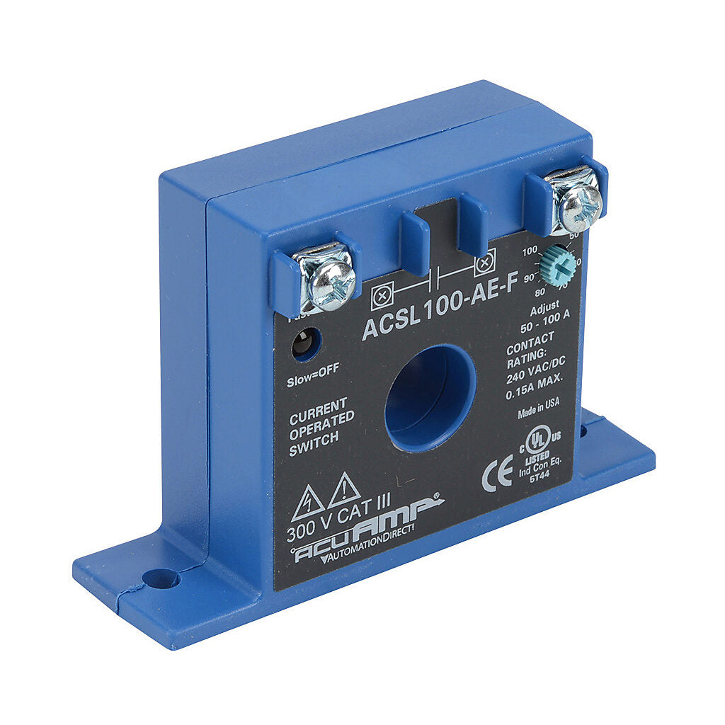 AcuAMP AC current switch, fixed core, 0-150A sensing range, 50-100A adjustable trip point, single-turn scaled potentiometer, solid state switch, N.O. output, 0.15A @ 240 VAC/VDC output rating.-ACSL100-AE-F