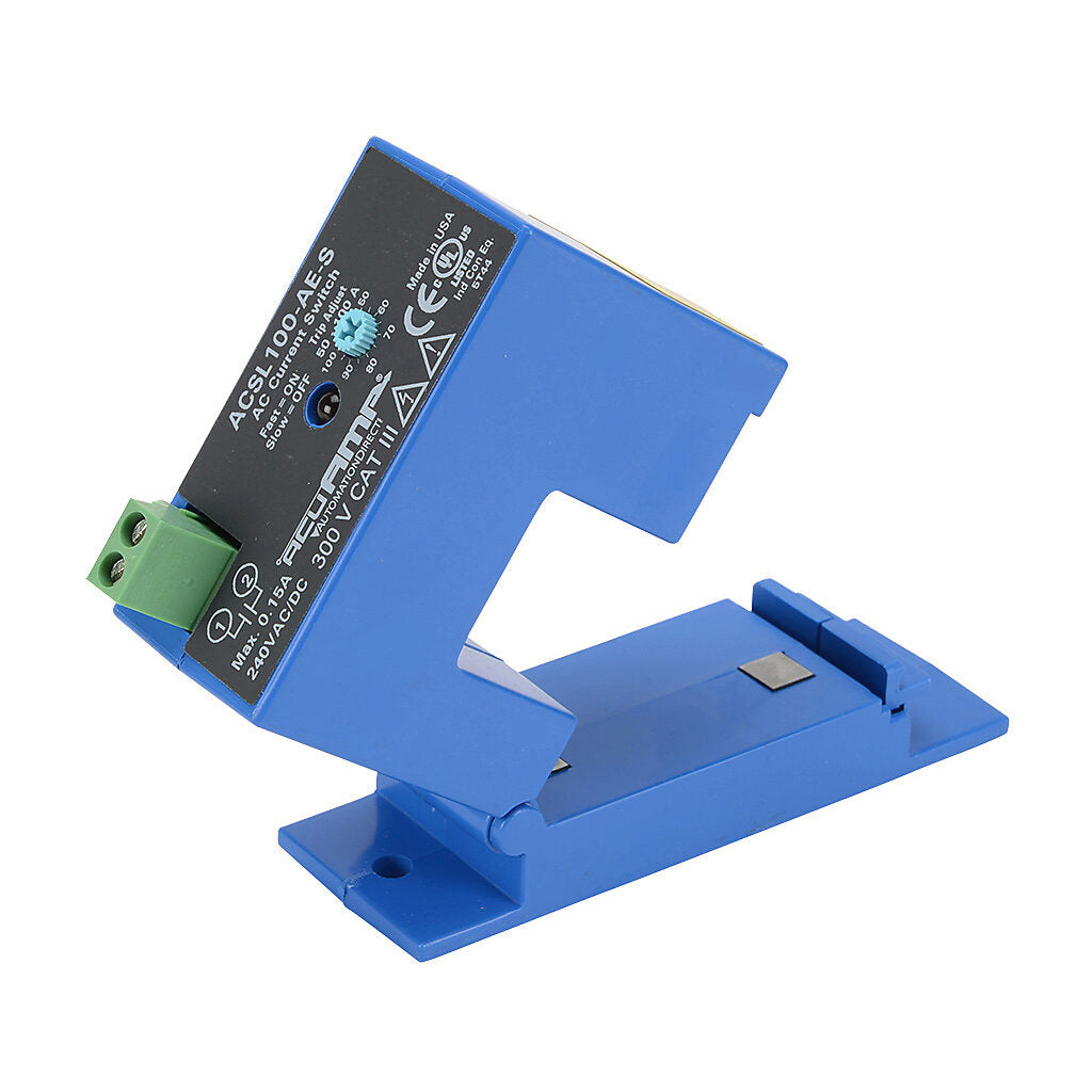 AcuAMP AC current switch, split core, 0-150A sensing range, 50-100A adjustable trip point, single-turn scaled potentiometer, solid state switch, N.O. output, 0.15A @ 240 VAC/VDC output rating.-ACSL100-AE-S