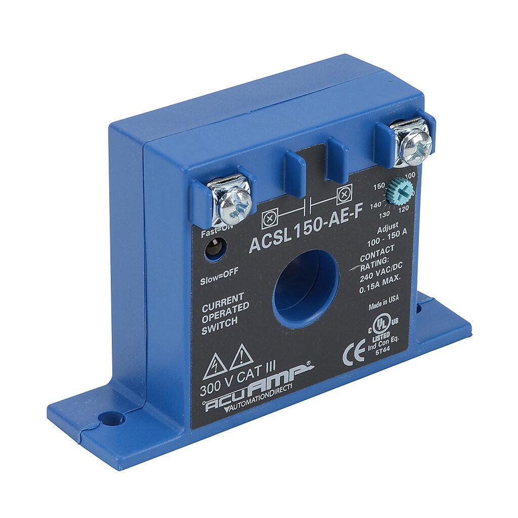AcuAMP AC current switch, fixed core, 0-150A sensing range, 100-150A adjustable trip point, single-turn scaled potentiometer, solid state switch, N.O. output, 0.15A @ 240 VAC/VDC output rating.-ACSL150-AE-F