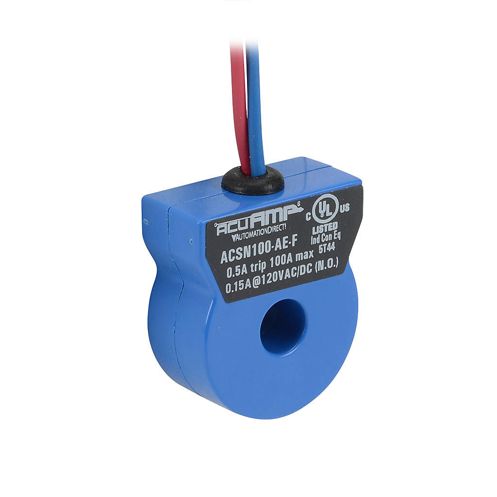 AcuAMP AC current switch, fixed core, 0-100A sensing range, 0.5A non-adjustable trip point, solid state switch, N.O. output, 0.15A @ 120 VAC/VDC output rating.-ACSN100-AE-F
