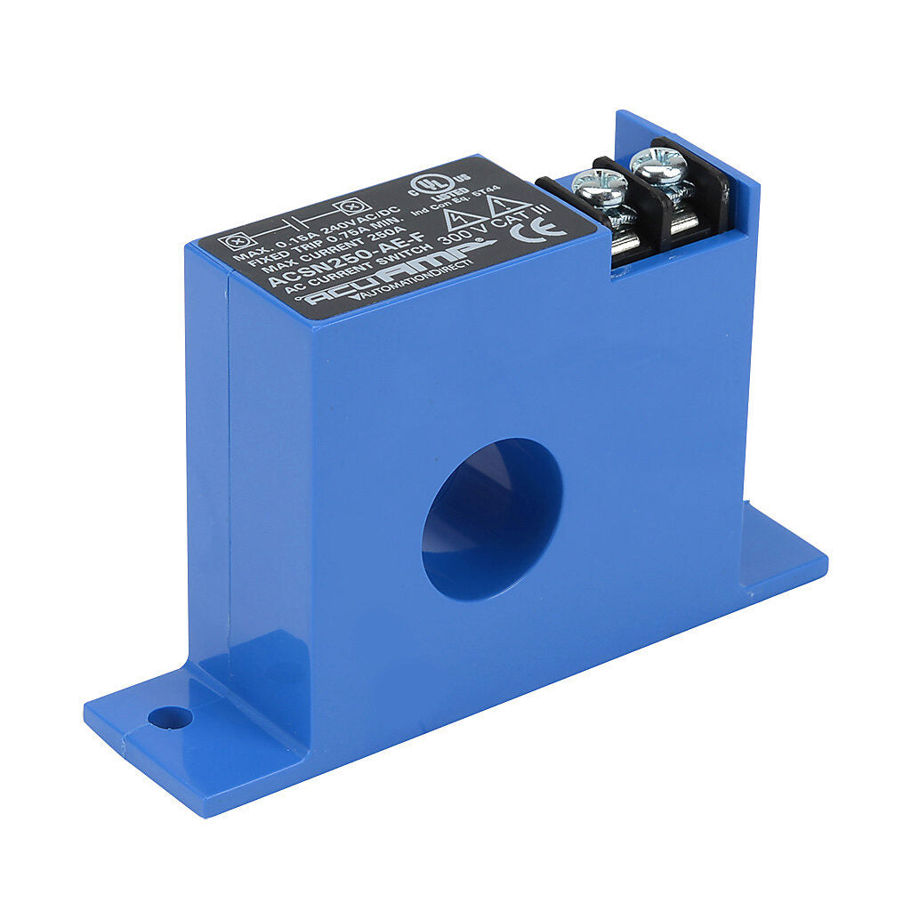 AcuAMP AC current switch, fixed core, 0-250A sensing range, 0.75A non-adjustable trip point, solid state switch, N.O. output, 0.15A @ 240 VAC/VDC output rating.-ACSN250-AE-F