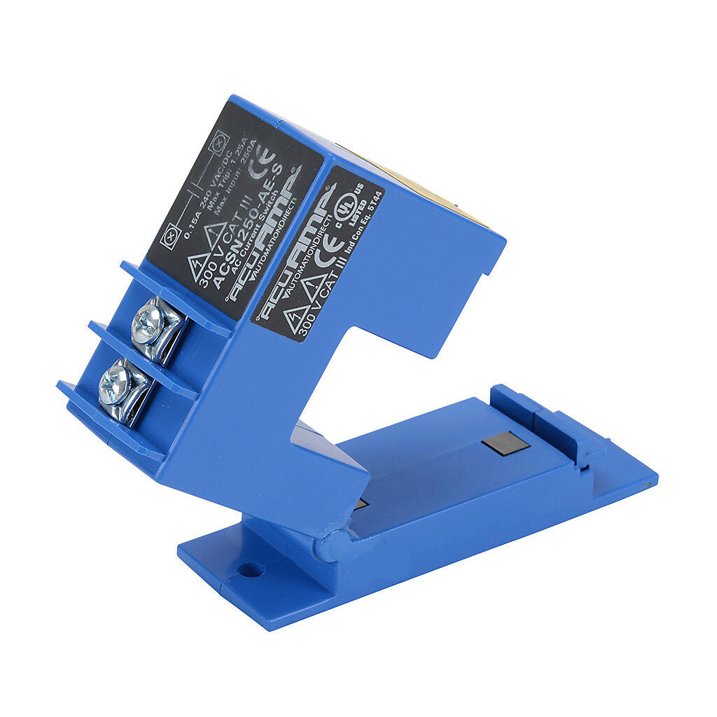 AcuAMP AC current switch, split core, 0-250A sensing range, 1.25A non-adjustable trip point, solid state switch, N.O. output, 0.15A @ 240 VAC/VDC output rating.-ACSN250-AE-S