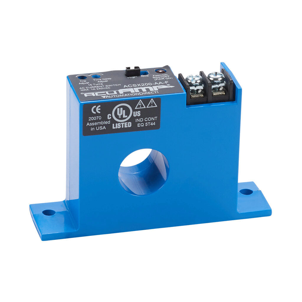 AcuAMP AC current switch, fixed core, 1.5-12, 12-55, or 50-175A selectable sensing range, 1.5-175A adjustable trip point, 15-turn potentiometer, solid state switch, N.O., adjustable time delay output, 1A @ 240 VAC output rating.-ACSX200-AA-F