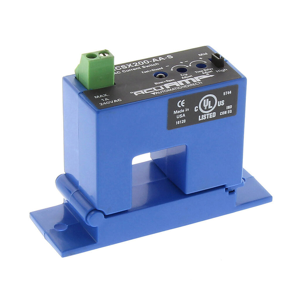 AcuAMP AC current switch, split core, 2-12, 12-55, or 55-200A selectable sensing range, 2-200A adjustable trip point, 4-turn potentiometer, solid state switch, N.O., adjustable time delay output, 1A @ 240 VAC output rating.-ACSX200-AA-S