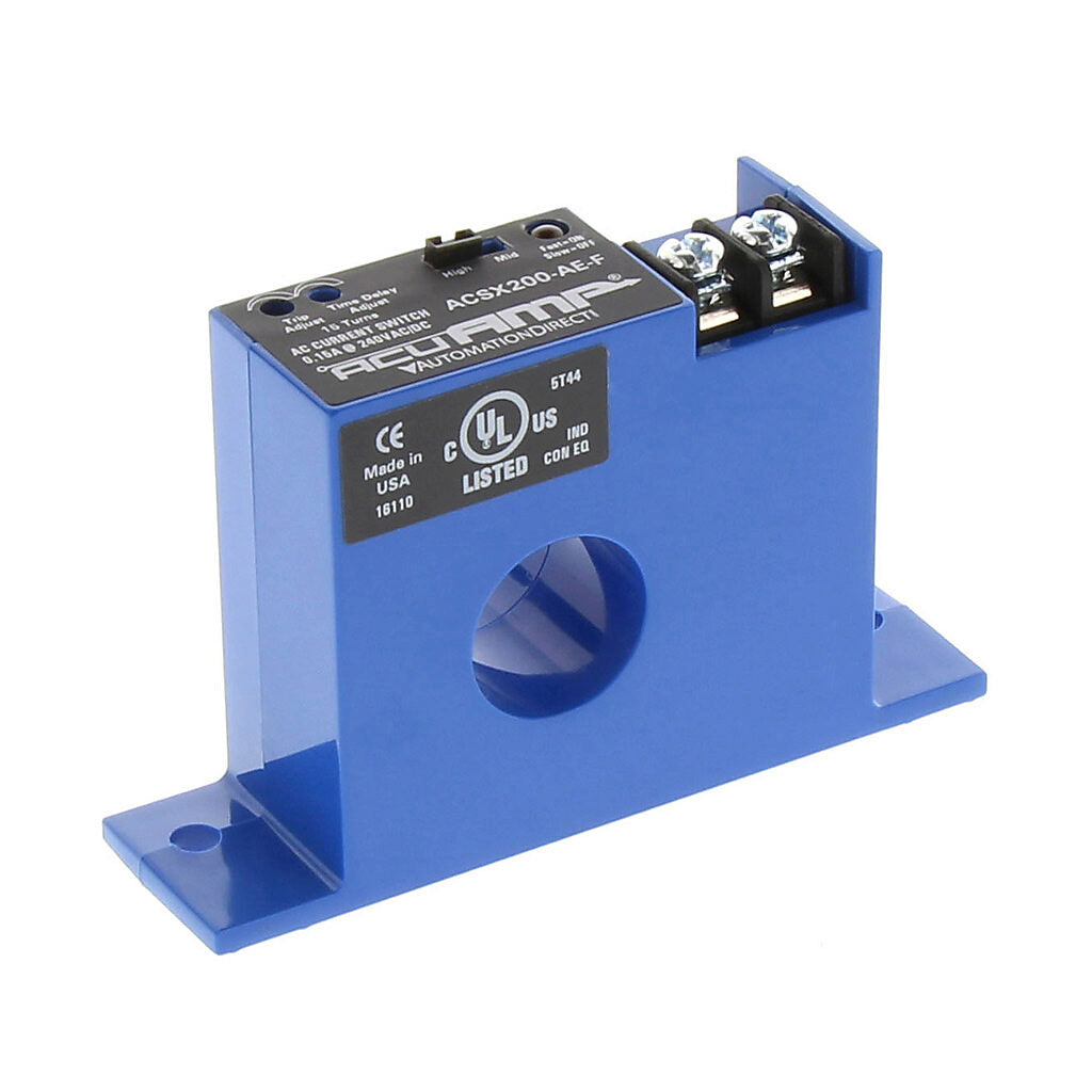 AcuAMP AC current switch, fixed core, 1.5-12, 12-55, or 55-175A selectable sensing range, 1.5-175A adjustable trip point, 15-turn potentiometer, solid state switch, N.O., adjustable time delay output, 0.15A @ 240 VAC/VDC output rating.-ACSX200-AE-F